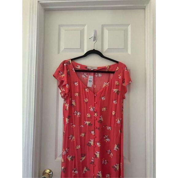 Loft Floral Cap Sleeve Button Midi Dress Coral size 12 *Semi-sheer* - Picture 2 of 7